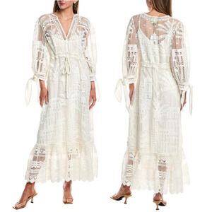 NWT Farm Rio Morada Boa Guipure Lace Crochet Maxi Dress with Slip Off-White XL